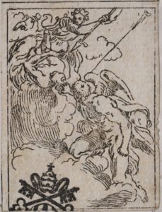 Lo studio e la vigilanza cacciano l'Invidia dal Paradiso (da I funerali d'Agostino Carracci fatto in Bologna sua patria da gl'incamminati Accademici, Bologna, Benacci, 1603)